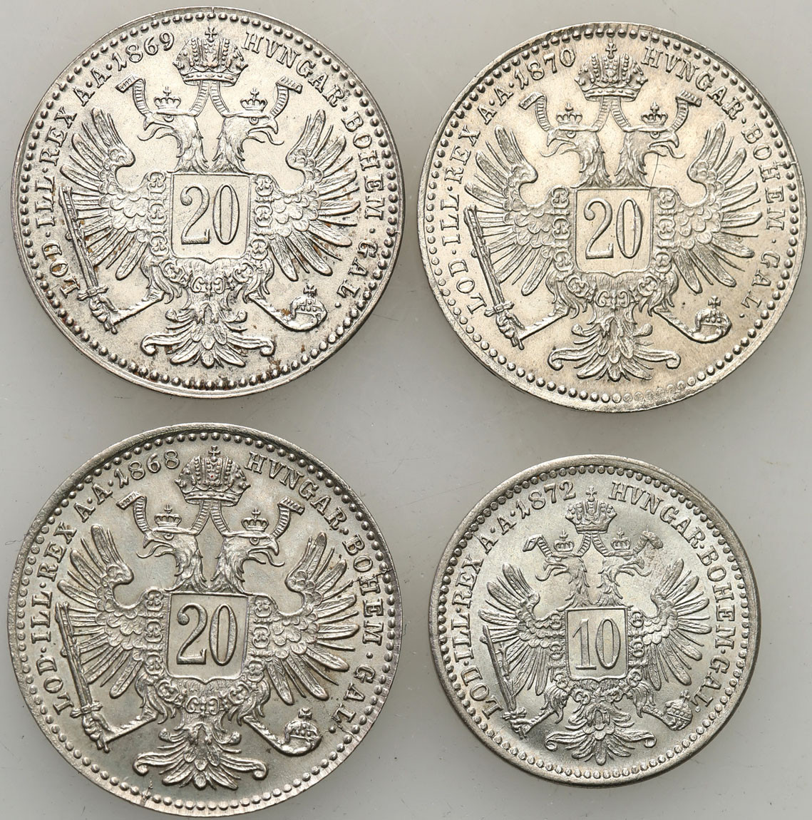 Austria. Franciszek Józef I (1848-1916). 10, 20 krajcarów 1868-1872, zestaw 4 monet